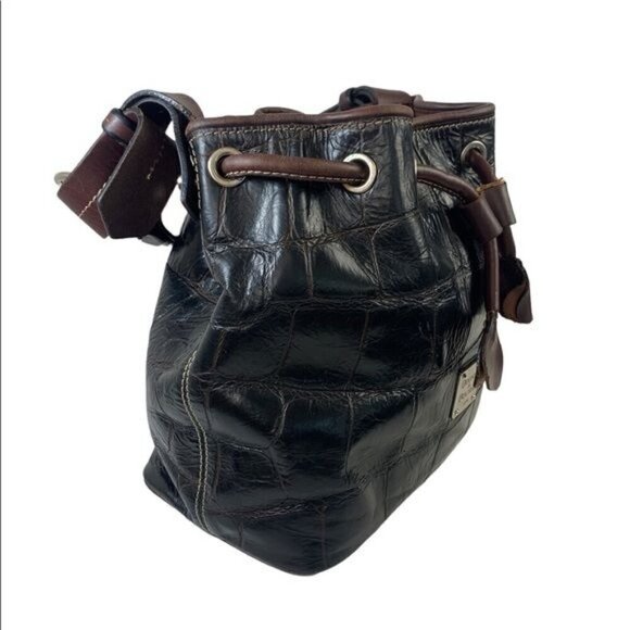 Dooney & Bourke Croc Embossed Leather Drawstring Shoulder Bag-Brown 10”W x 10”H - Picture 7 of 16